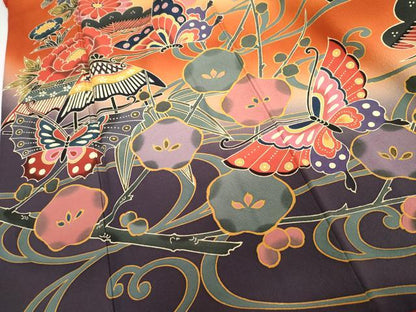 平和屋着物●手ざし京紅型染・宮崎紅型　宮崎良次　振袖　鴛鴦花蝶文　暈し染め　正絹　逸品　AABG2764cs