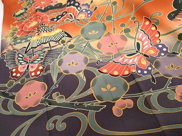 平和屋着物●手ざし京紅型染・宮崎紅型　宮崎良次　振袖　鴛鴦花蝶文　暈し染め　正絹　逸品　AABG2764cs