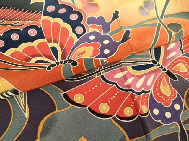 平和屋着物●手ざし京紅型染・宮崎紅型　宮崎良次　振袖　鴛鴦花蝶文　暈し染め　正絹　逸品　AABG2764cs