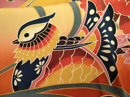 平和屋着物●手ざし京紅型染・宮崎紅型　宮崎良次　振袖　鴛鴦花蝶文　暈し染め　正絹　逸品　AABG2764cs
