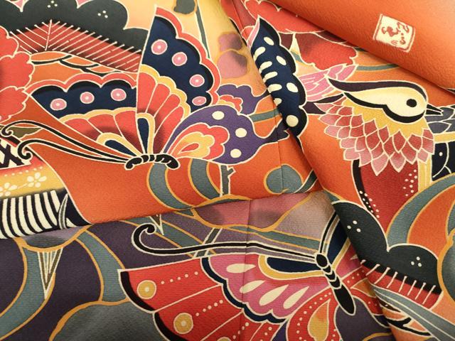 平和屋着物●手ざし京紅型染・宮崎紅型　宮崎良次　振袖　鴛鴦花蝶文　暈し染め　正絹　逸品　AABG2764cs