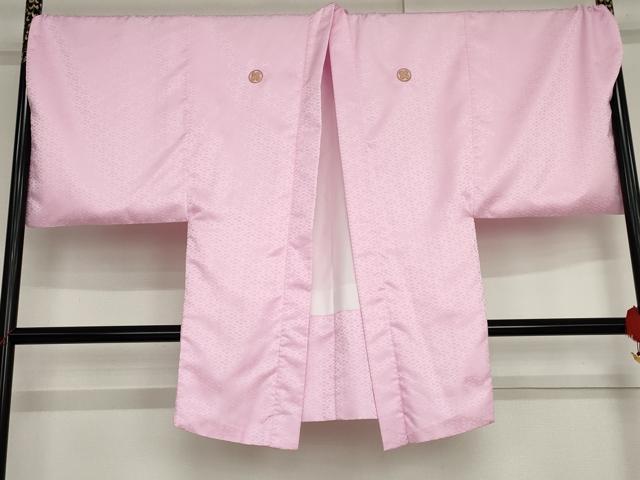 平和屋着物●男性 色紋付・羽織セット 菱地紋 色無地 桃花色 キングサイズ 洗える着物 AABG2765cs