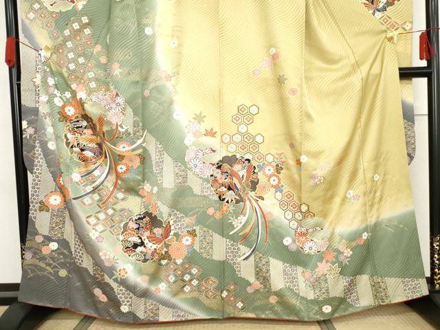 平和屋着物●豪華振袖　駒刺繍　雪輪鳳凰花蝶文　暈し染め　金彩　正絹　逸品　AABG2770cs