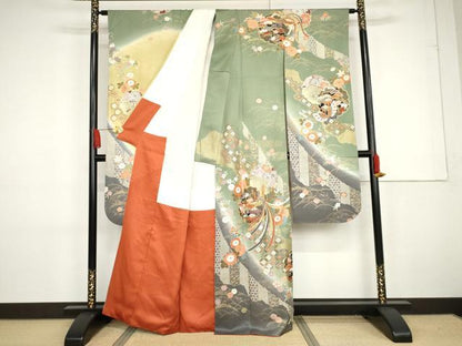 平和屋着物●豪華振袖　駒刺繍　雪輪鳳凰花蝶文　暈し染め　金彩　正絹　逸品　AABG2770cs