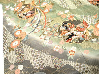 平和屋着物●豪華振袖　駒刺繍　雪輪鳳凰花蝶文　暈し染め　金彩　正絹　逸品　AABG2770cs
