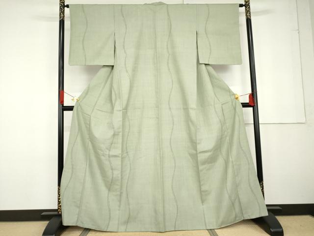 平和屋着物●結城紬 80亀甲 飛び亀甲 よろけ縞 柳鼠色 正絹 逸品 AABG2774cs