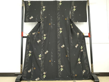 平和屋着物●上質な小紋 桜菱間道 黒地 金彩 正絹 逸品 未使用 AABG2788cs