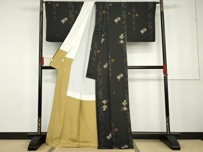 平和屋着物●上質な小紋 桜菱間道 黒地 金彩 正絹 逸品 未使用 AABG2788cs