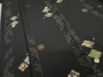 平和屋着物●上質な小紋 桜菱間道 黒地 金彩 正絹 逸品 未使用 AABG2788cs