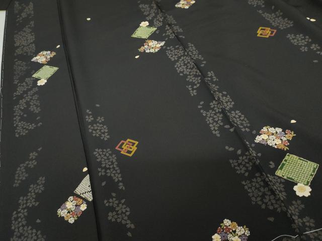 平和屋着物●上質な小紋 桜菱間道 黒地 金彩 正絹 逸品 未使用 AABG2788cs