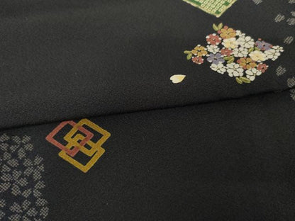平和屋着物●上質な小紋 桜菱間道 黒地 金彩 正絹 逸品 未使用 AABG2788cs