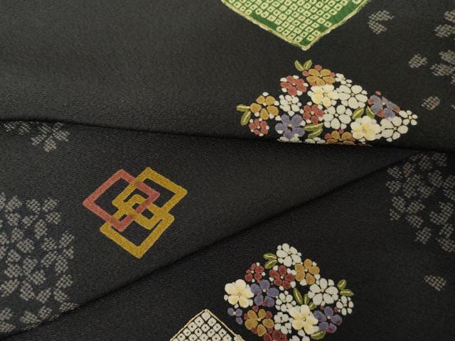 平和屋着物●上質な小紋 桜菱間道 黒地 金彩 正絹 逸品 未使用 AABG2788cs