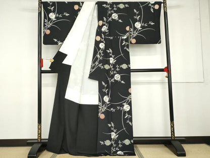 平和屋着物●上質な小紋 鹿の子雪輪枝葉文 黒地 正絹 逸品 AABG2789cs