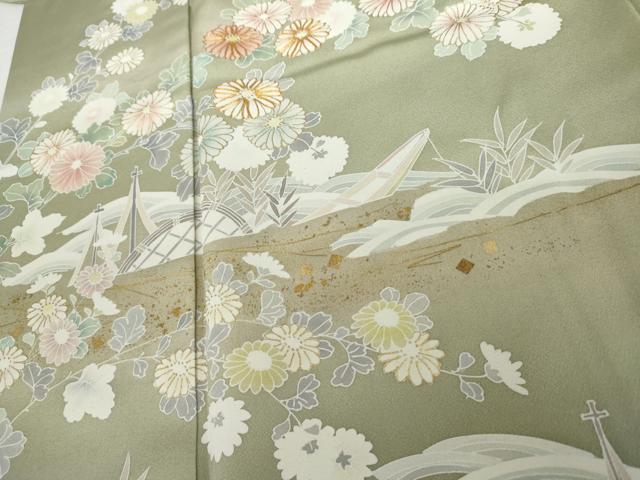 平和屋着物●訪問着 友禅 駒刺繍 枝花船文 金彩 正絹 逸品 AABG2794cs