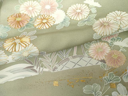 平和屋着物●訪問着 友禅 駒刺繍 枝花船文 金彩 正絹 逸品 AABG2794cs