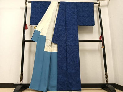 平和屋着物●上質な小紋　藍　草花文　正絹　逸品　AABG2822ph