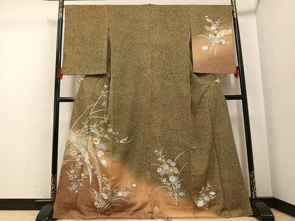 平和屋着物●訪問着　駒刺繍　中国三大刺繍　スワトウ刺繍　汕頭刺繍　草花文　たたき染め　金彩　正絹　逸品　AABG2829ph