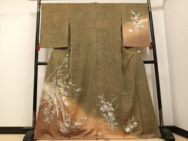 平和屋着物●訪問着　駒刺繍　中国三大刺繍　スワトウ刺繍　汕頭刺繍　草花文　たたき染め　金彩　正絹　逸品　AABG2829ph