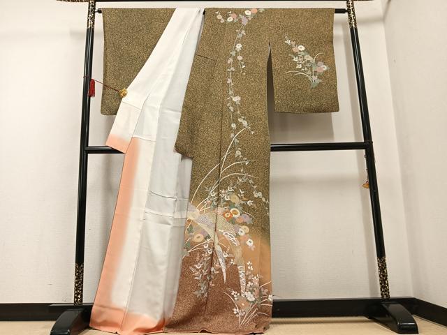 平和屋着物●訪問着　駒刺繍　中国三大刺繍　スワトウ刺繍　汕頭刺繍　草花文　たたき染め　金彩　正絹　逸品　AABG2829ph