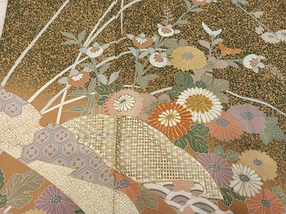 平和屋着物●訪問着　駒刺繍　中国三大刺繍　スワトウ刺繍　汕頭刺繍　草花文　たたき染め　金彩　正絹　逸品　AABG2829ph