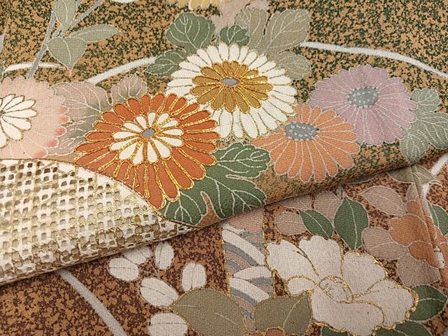 平和屋着物●訪問着　駒刺繍　中国三大刺繍　スワトウ刺繍　汕頭刺繍　草花文　たたき染め　金彩　正絹　逸品　AABG2829ph
