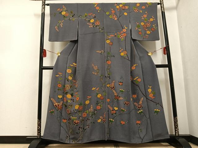 平和屋着物●訪問着 友禅 枝花文 金彩 鬼しぼ縮緬 正絹 逸品 AABG2839ph
