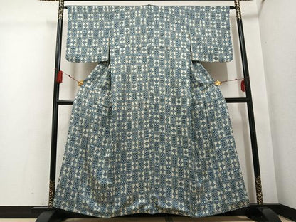 平和屋着物●上質な小紋 藍 幾何学文様 正絹 逸品 AABG2863ph