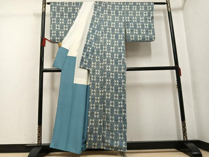 平和屋着物●上質な小紋 藍 幾何学文様 正絹 逸品 AABG2863ph