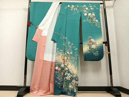 平和屋着物●豪華振袖　友禅　草花文　暈し染め　正絹　逸品　AABG2864ph