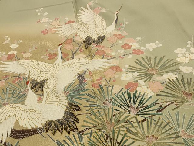 平和屋着物■豪華色留袖 泰常 刺繍 遠山飛鶴花松文 暈し染め 金糸 金彩 正絹 逸品 AABG2913st