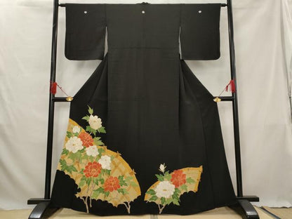 平和屋着物■豪華黒留袖　駒刺繍　草花文　金彩　正絹　逸品　AABG3025st
