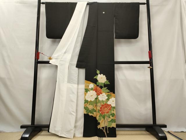 平和屋着物■豪華黒留袖　駒刺繍　草花文　金彩　正絹　逸品　AABG3025st