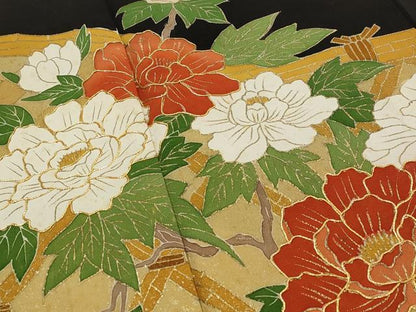 平和屋着物■豪華黒留袖　駒刺繍　草花文　金彩　正絹　逸品　AABG3025st