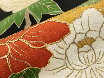 平和屋着物■豪華黒留袖　駒刺繍　草花文　金彩　正絹　逸品　AABG3025st