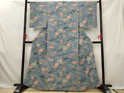平和屋着物■上質な小紋　型染め　風景花文　正絹　逸品　AABG3027st