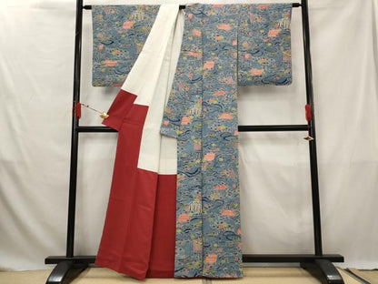 平和屋着物■上質な小紋　型染め　風景花文　正絹　逸品　AABG3027st