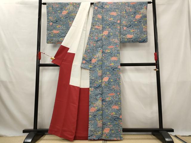 平和屋着物■上質な小紋　型染め　風景花文　正絹　逸品　AABG3027st
