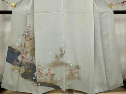 平和屋着物■訪問着　絞り　刺繍　流水草花文　金糸　金彩　正絹　逸品　AABG3047st