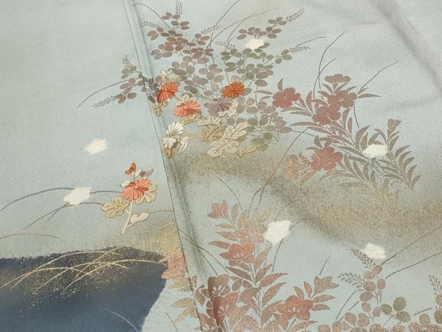 平和屋着物■訪問着　絞り　刺繍　流水草花文　金糸　金彩　正絹　逸品　AABG3047st