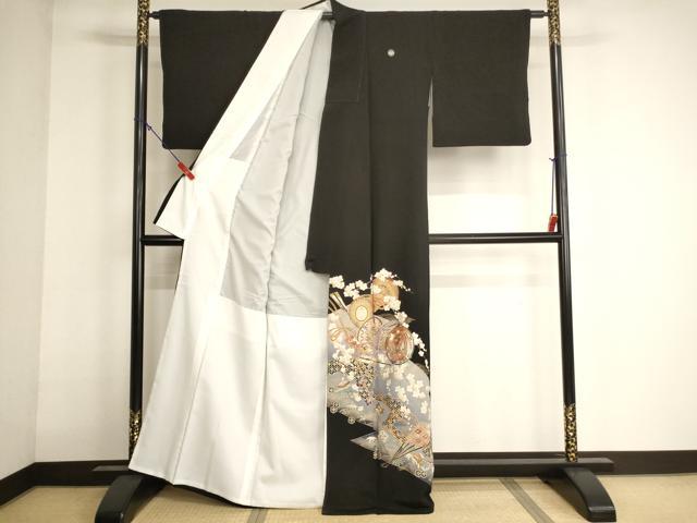 平和屋着物■豪華黒留袖 鼓舞扇花文 暈し染め 金銀彩 正絹 逸品 AABG3100ja