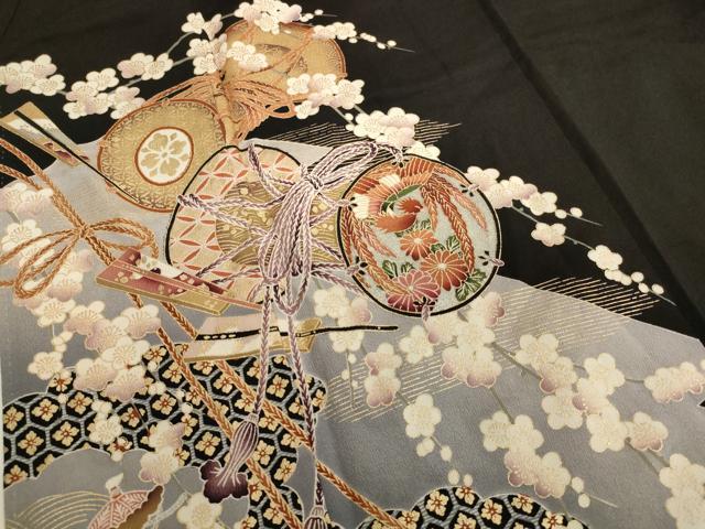 平和屋着物■豪華黒留袖 鼓舞扇花文 暈し染め 金銀彩 正絹 逸品 AABG3100ja