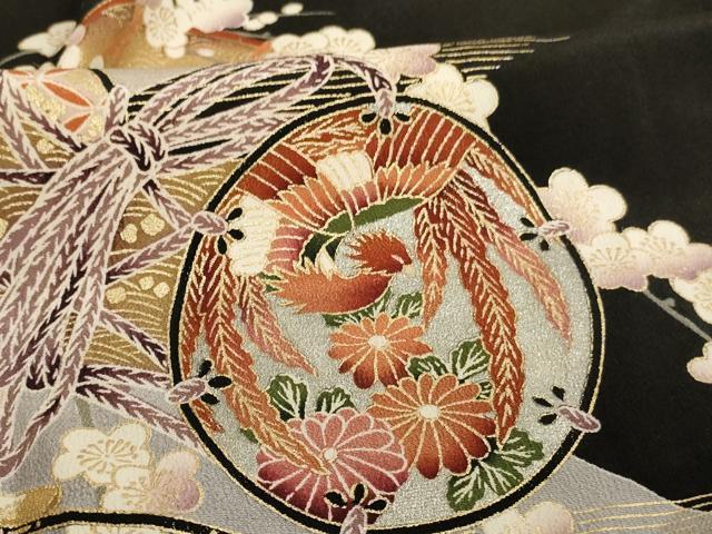平和屋着物■豪華黒留袖 鼓舞扇花文 暈し染め 金銀彩 正絹 逸品 AABG3100ja