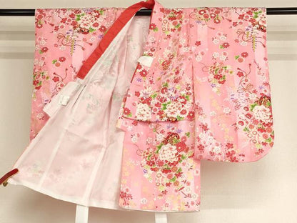 平和屋本店[]七五三　女の子　３歳　祝着　三つ身　長襦袢(単衣)・被布・巾着セット　花車文　金彩　箱付き　AABG3168ja