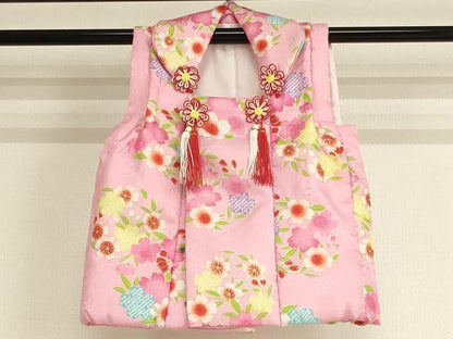 平和屋本店[]七五三　女の子　３歳　祝着　三つ身　被布・小物セット　花丸文　桜　金彩　箱付き　AABG3169ja