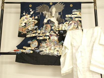 平和屋着物[]七五三　男の子　5歳　一つ身　祝着・長襦袢(袷)セット　鷹　吉祥宝船文　暈し染め　金銀彩　逸品　AABG3175ja