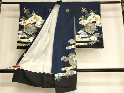 平和屋着物[]七五三　男の子　5歳　一つ身　祝着・長襦袢(袷)セット　鷹　吉祥宝船文　暈し染め　金銀彩　逸品　AABG3175ja