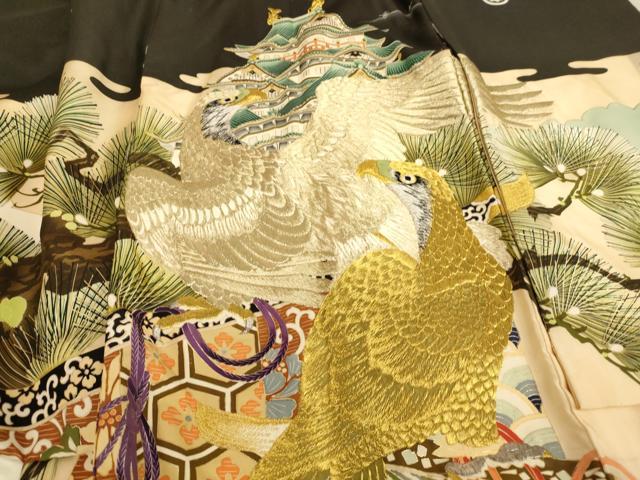平和屋着物[]お宮参り　男の子　祝着　産着　初着　のしめ　刺繍　鷹　風景松文　金銀糸　金彩　正絹　逸品　AABG3176ja