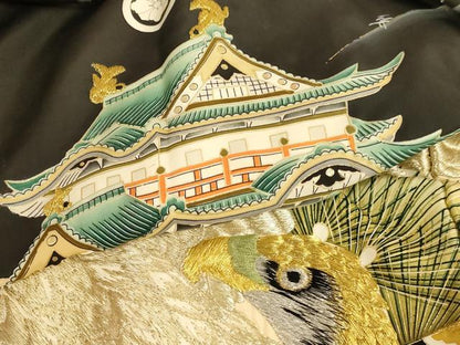 平和屋着物[]お宮参り　男の子　祝着　産着　初着　のしめ　刺繍　鷹　風景松文　金銀糸　金彩　正絹　逸品　AABG3176ja