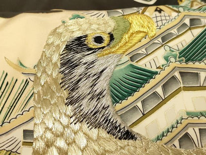 平和屋着物[]お宮参り　男の子　祝着　産着　初着　のしめ　刺繍　鷹　風景松文　金銀糸　金彩　正絹　逸品　AABG3176ja