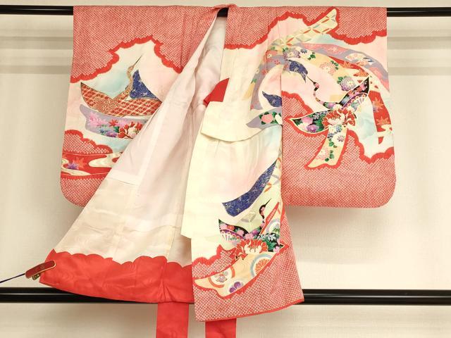 平和屋着物[]七五三　女の子　祝着　一つ身　長襦袢(無双仕立て・半衿刺繍)セット　飛鶴花文　暈し染め　金彩　逸品　AABG3177ja